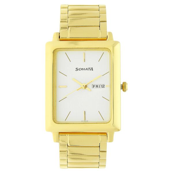 Sonata 7078YM03 Quartz Analog White Dial Men’s Watch with Gold Stainless Steel Strap