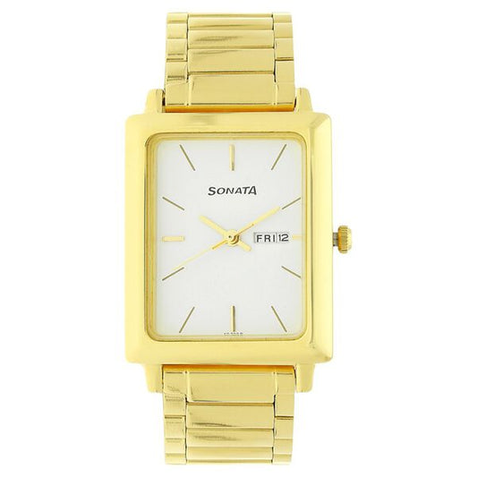 Sonata 7078YM03 Quartz Analog White Dial Men’s Watch with Gold Stainless Steel Strap