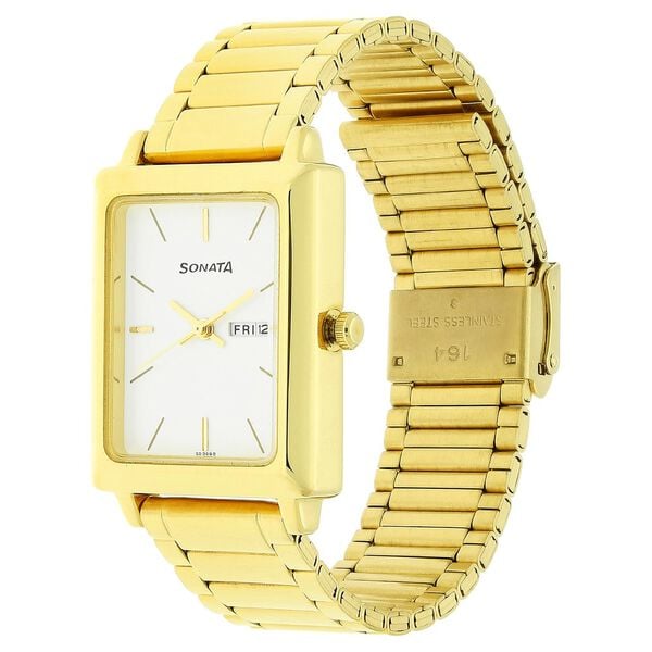 Sonata 7078YM03 Quartz Analog White Dial Men’s Watch with Gold Stainless Steel Strap