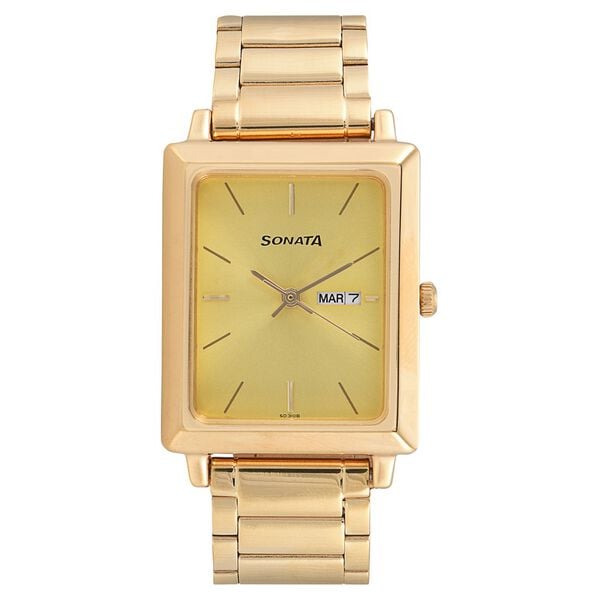 Sonata 7078YM04 Quartz Analog Champagne Dial Gold Stainless Steel Strap Watch for Men