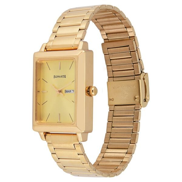 Sonata 7078YM04 Quartz Analog Champagne Dial Gold Stainless Steel Strap Watch for Men