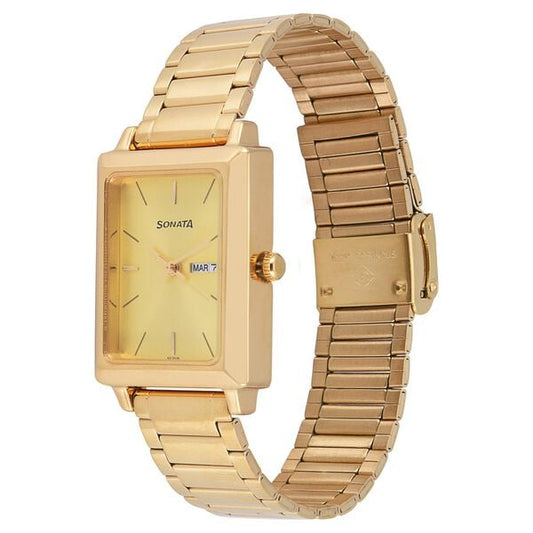 Sonata 7078YM04 Quartz Analog Champagne Dial Gold Stainless Steel Strap Watch for Men
