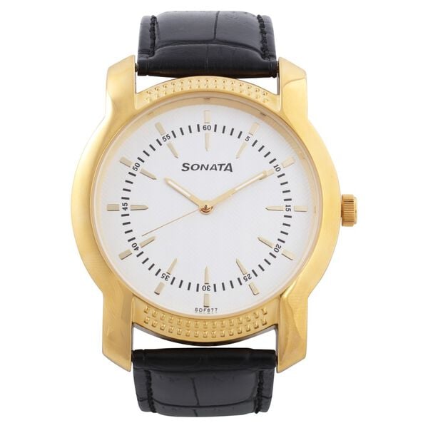 Sonata 7093YL01 Analog Quartz Men White Dial Black Leather Strap Watch