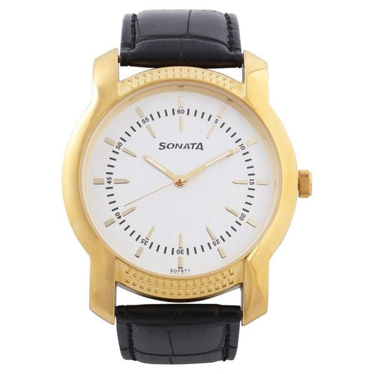 Sonata 7093YL01 Analog Quartz Men White Dial Black Leather Strap Watch