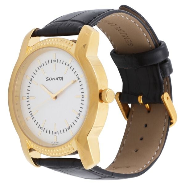 Sonata 7093YL01 Analog Quartz Men White Dial Black Leather Strap Watch
