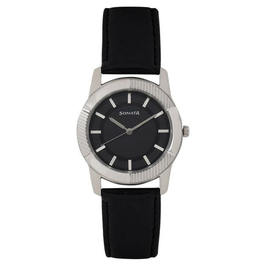 Sonata 7100SL01 Quartz Analog Black Dial Leather Strap Watch for Men