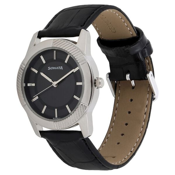 Sonata 7100SL01 Quartz Analog Black Dial Leather Strap Watch for Men