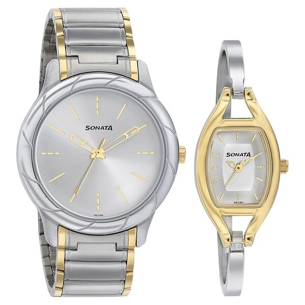 Sonata 71258114BM01 Quartz Analog Silver Dial Two-Tone Stainless Steel Couple Watch