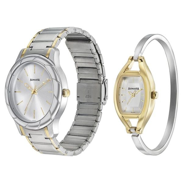 Sonata 71258114BM01 Quartz Analog Silver Dial Two-Tone Stainless Steel Couple Watch