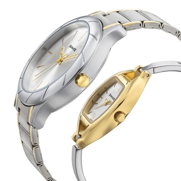 Sonata 71258114BM01 Quartz Analog Silver Dial Two-Tone Stainless Steel Couple Watch