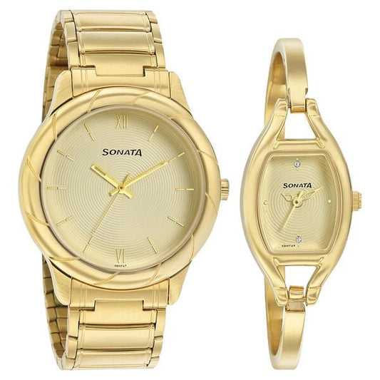 Sonata 71258114YM01 Analog Quartz Couple Beige Dial Gold Stainless Steel Bracelet Watch