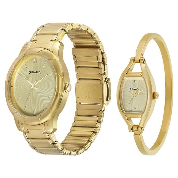 Sonata 71258114YM01 Analog Quartz Couple Beige Dial Gold Stainless Steel Bracelet Watch