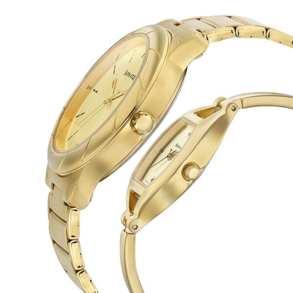 Sonata 71258114YM01 Analog Quartz Couple Beige Dial Gold Stainless Steel Bracelet Watch