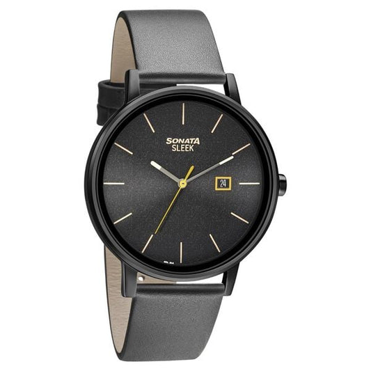 Sonata 7131NL04 Quartz Analog Black Dial Men’s Watch with Black Leather Strap