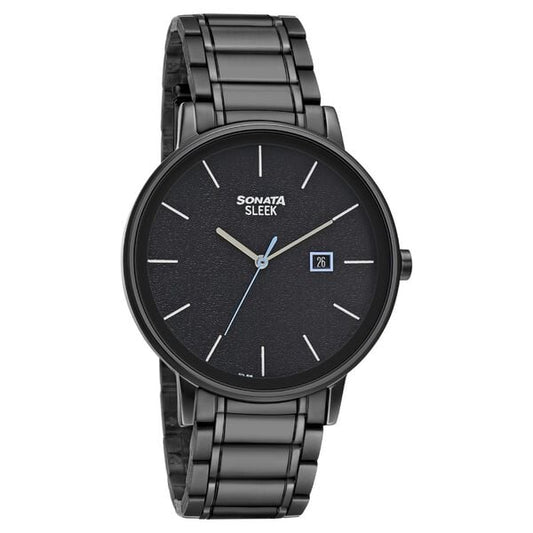 Sonata 7131SM02 Quartz Analog Black Dial Stainless Steel Strap Watch for Men – Black/Silver