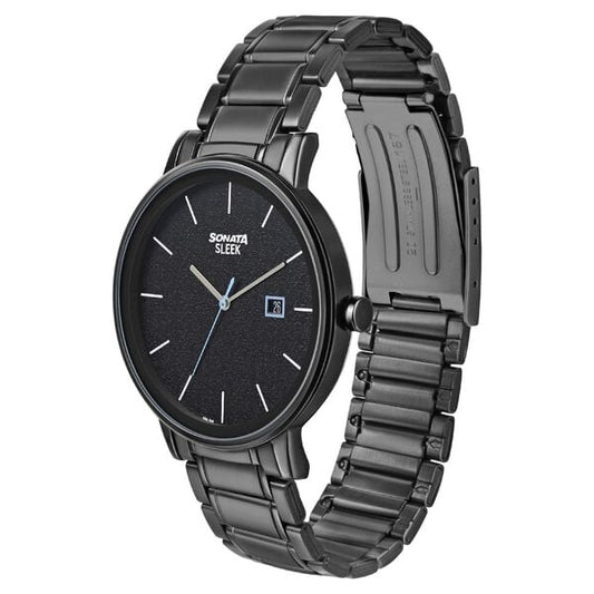 Sonata 7131SM02 Quartz Analog Black Dial Stainless Steel Strap Watch for Men – Black/Silver
