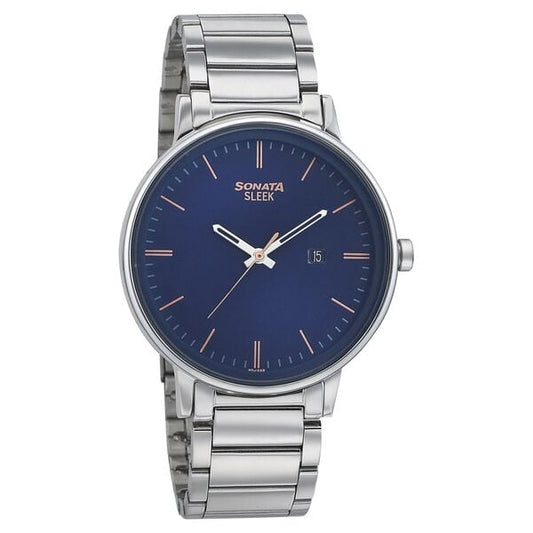 Sonata 7131SM01 Quartz Analog Blue Dial Men’s Watch with Silver Stainless Steel Strap