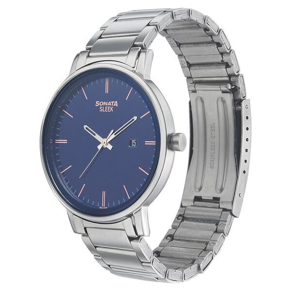 Sonata 7131SM01 Quartz Analog Blue Dial Men’s Watch with Silver Stainless Steel Strap