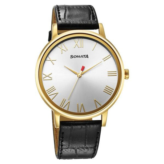 Sonata 7131YL01 Utsav Men’s Quartz Analog Silver Dial Black Leather Strap Watch
