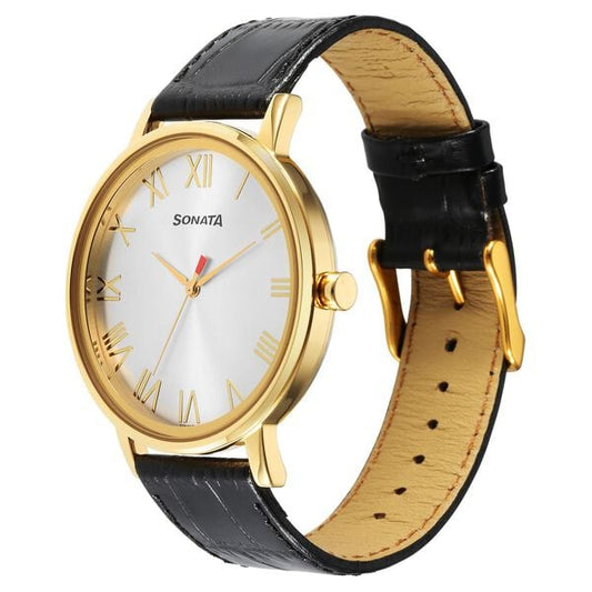 Sonata 7131YL01 Utsav Men’s Quartz Analog Silver Dial Black Leather Strap Watch