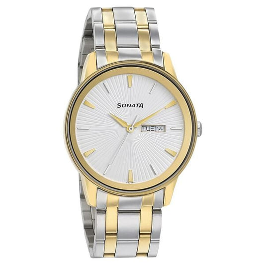 Sonata 7133BM01 Analog Quartz Men Watch with Silver Dial & Bimetal Strap