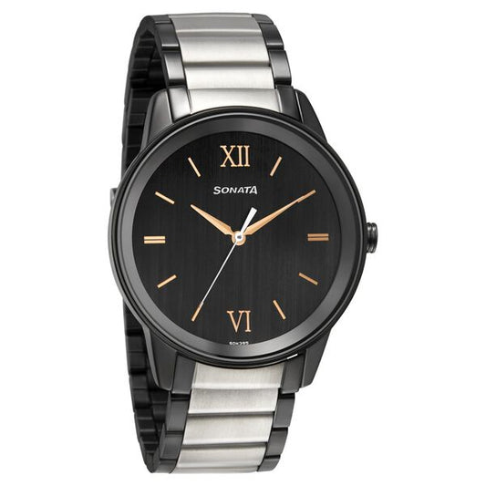 Sonata 7133KM03 Men’s Black Dial Two-Tone Metal Analog Quartz Watch