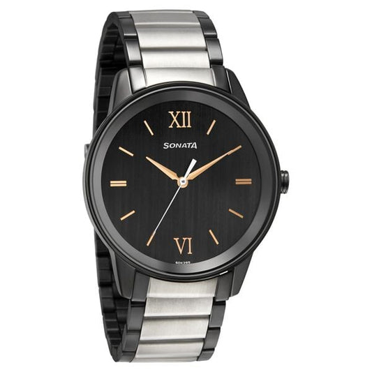 Sonata 7133KM03 Beyond Gold Quartz Analog Black Dial Two-Toned Metal Strap Watch for Men