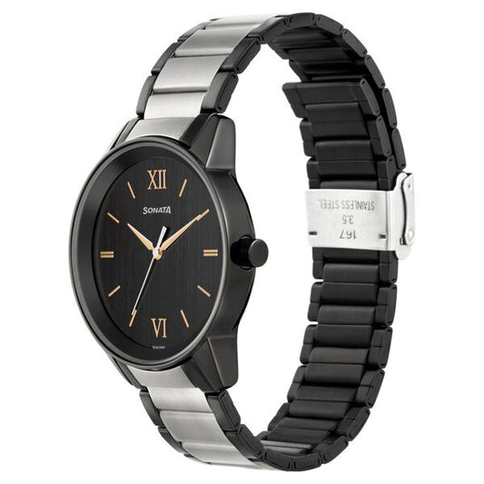 Sonata 7133KM03 Men’s Black Dial Two-Tone Metal Analog Quartz Watch