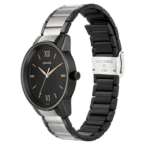 Sonata 7133KM03 Beyond Gold Quartz Analog Black Dial Two-Toned Metal Strap Watch for Men