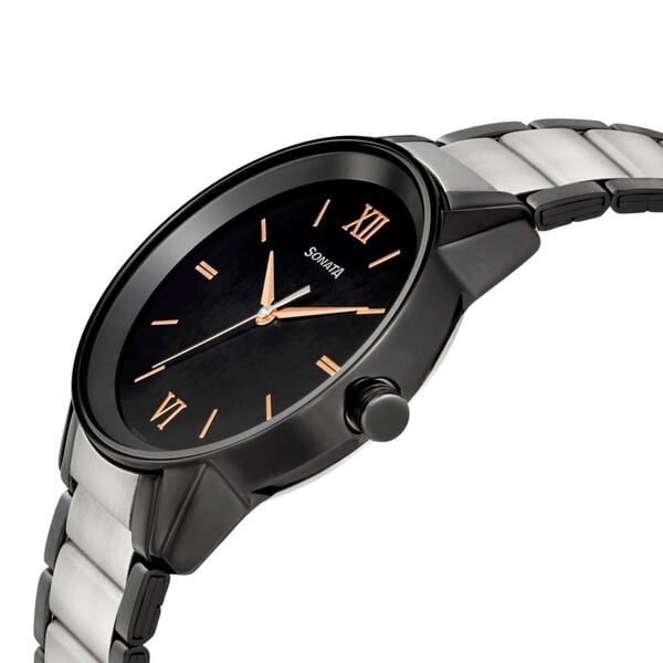 Sonata 7133KM03 Beyond Gold Quartz Analog Black Dial Two-Toned Metal Strap Watch for Men