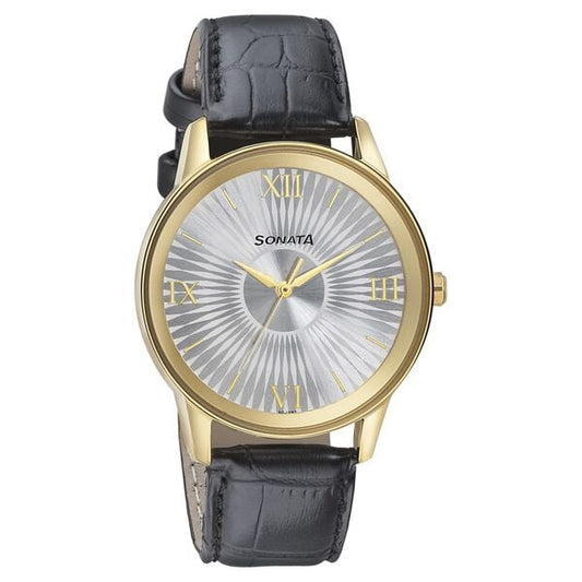 Sonata 7133YL01 Quartz Analog Silver Dial Leather Strap Watch for Men