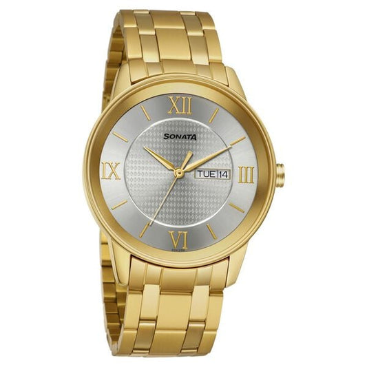 Sonata 7133YM01 Men Quartz Analog Day-Date Champagne Dial Stainless Steel Watch