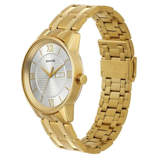 Sonata 7133YM01 Men Quartz Analog Day-Date Champagne Dial Stainless Steel Watch