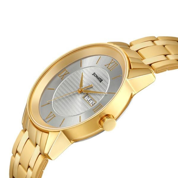 Sonata 7133YM01 Men Quartz Analog Day-Date Champagne Dial Stainless Steel Watch