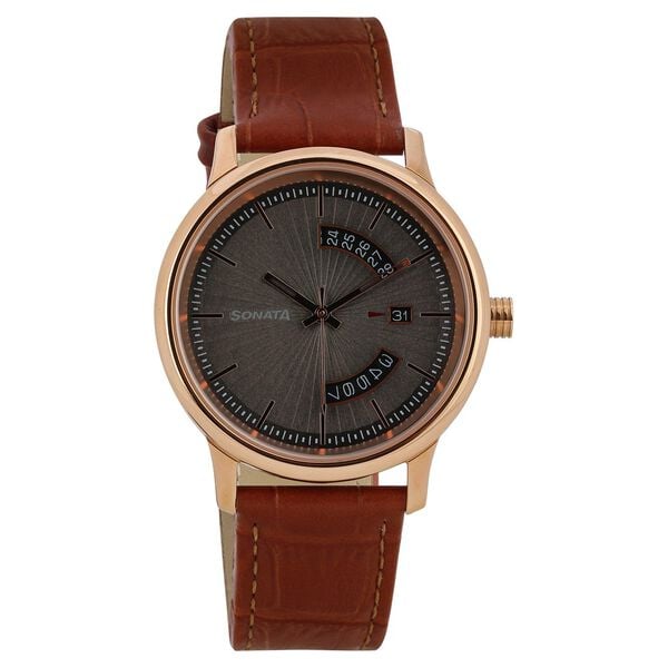 Sonata 7134WL02 Quartz Analog Grey Dial Leather Strap Watch for Men