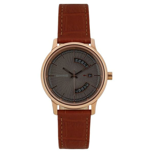 Sonata 7134WL02 Quartz Analog Grey Dial Leather Strap Watch for Men