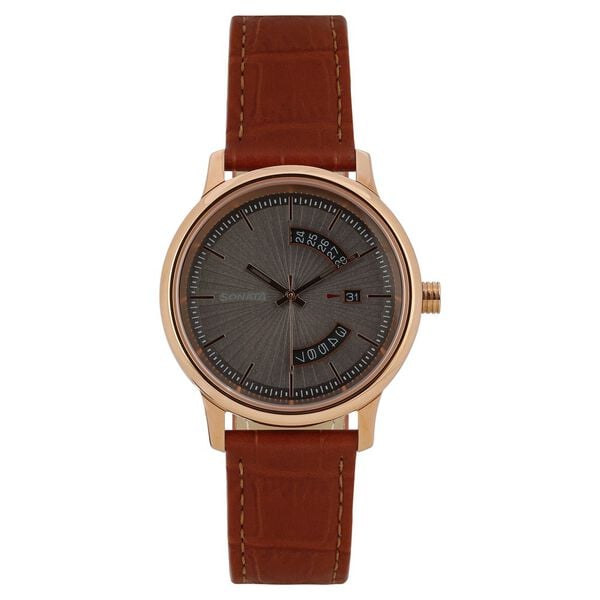 Sonata 7134WL02 Quartz Analog Grey Dial Leather Strap Watch for Men