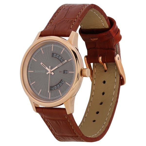 Sonata 7134WL02 Quartz Analog Grey Dial Leather Strap Watch for Men