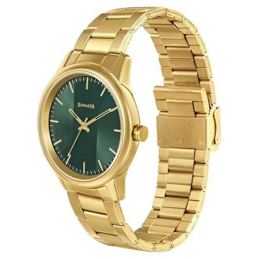 Sonata NS7134YM04 Men Quartz Green Dial Gold‑Tone Stainless Steel Analog Watch