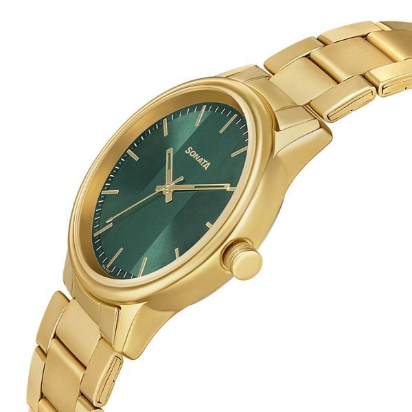 Sonata 7134YM04 Analog Quartz Watch for Men – Green Dial, Gold Metal Strap