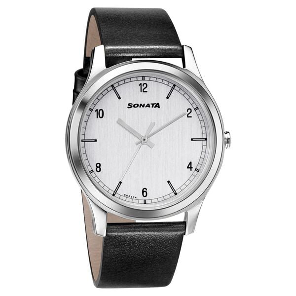 Sonata 7135SL01 Men’s Silver Dial Black Leather Analog Quartz Watch