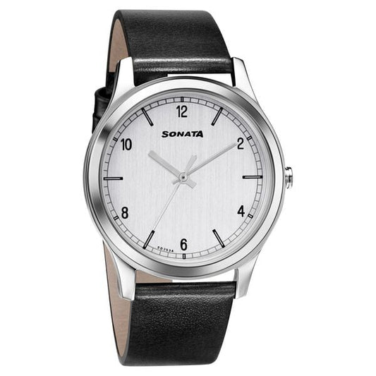 Sonata 7135SL01 Men’s Silver Dial Black Leather Analog Quartz Watch