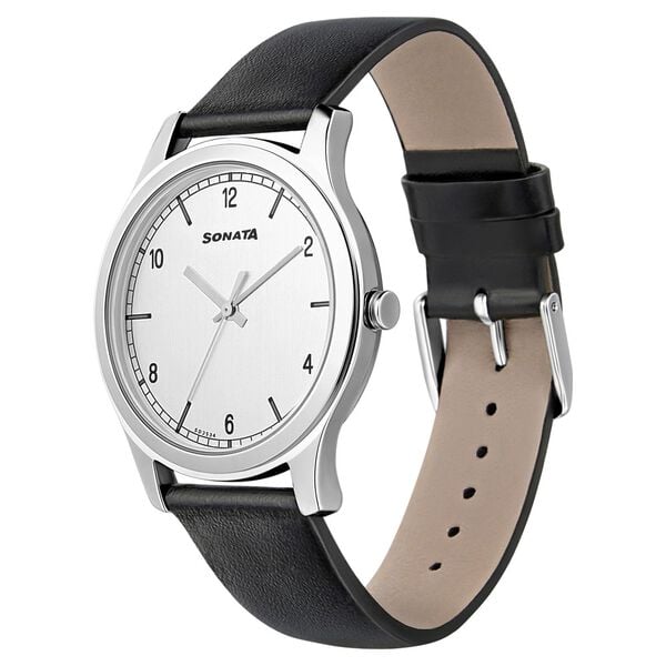 Sonata 7135SL01 Men’s Silver Dial Black Leather Analog Quartz Watch