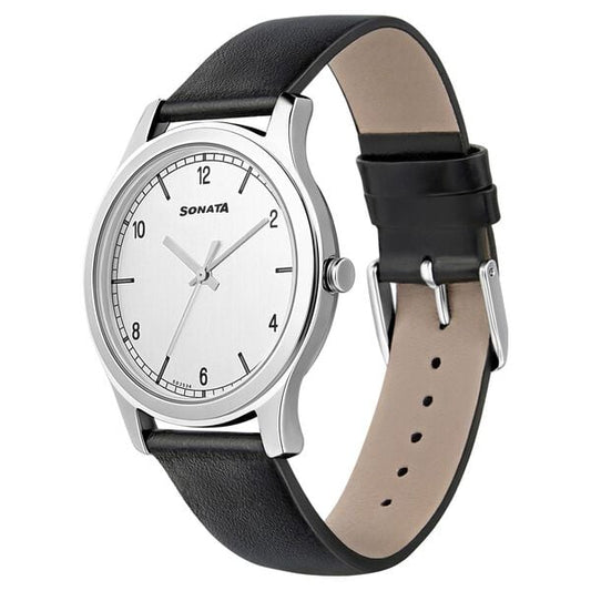 Sonata 7135SL01 Men’s Silver Dial Black Leather Analog Quartz Watch
