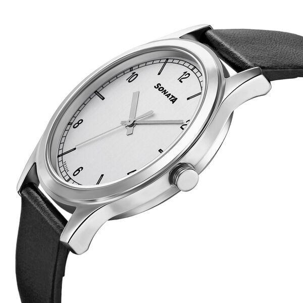 Sonata 7135SL01 Men’s Silver Dial Black Leather Analog Quartz Watch