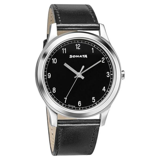 Sonata 7135SL02 men’s watch front view black dial