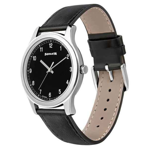 Sonata 7135SL02 Analog Quartz Men Watch with Black Dial & Black Leather Strap