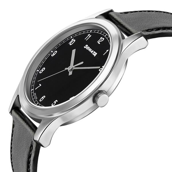 Sonata 7135SL02 Men Quartz Black Dial Leather Strap Analog Watch