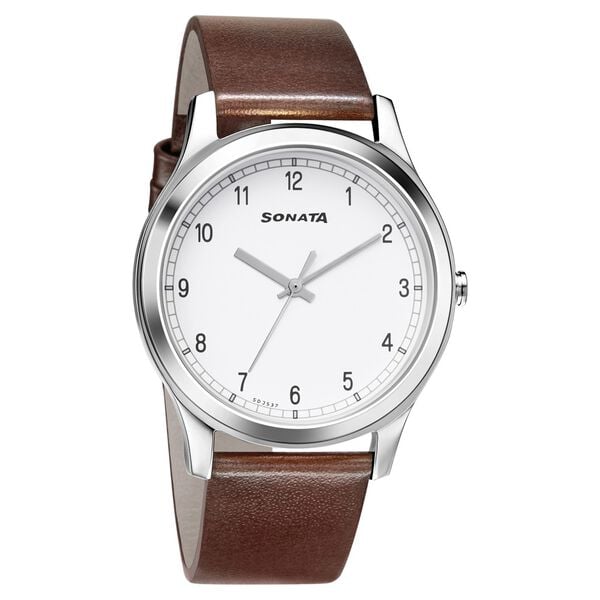 Sonata 7135SL03 Men Quartz White Dial Leather Strap Watch