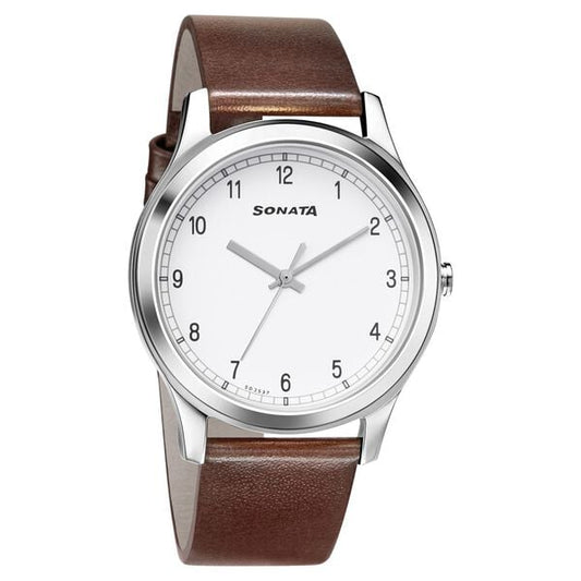 Sonata 7135SL03 Men Quartz White Dial Leather Strap Watch